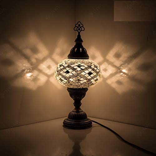 ENVA Turkish Moroccan Style Mosaic Multicoloured Desk Table Lamp, Bronze Base, Unique Light Large Globe (3012)