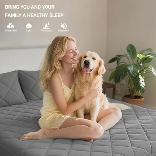 Image of 100% Waterproof Mattress Protector Cotton Quilted Bed Protector Queen Size Breathable Noiseless Ultra Soft | Elastic Fitted Mattress Cover | Bed Cover (Grey, Queen Size - 5x6 ft (60x72)