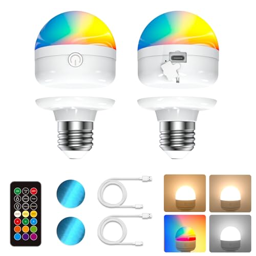 LUTW Bombilla Recargable E27, Bombilla RGB con Control Remoto, 3 Temperaturas de Color, Bombillas Recargables USB con Batería de 2000 mAh y Regulable para Dormitorio Cocina, 7 W, Paquete de 2