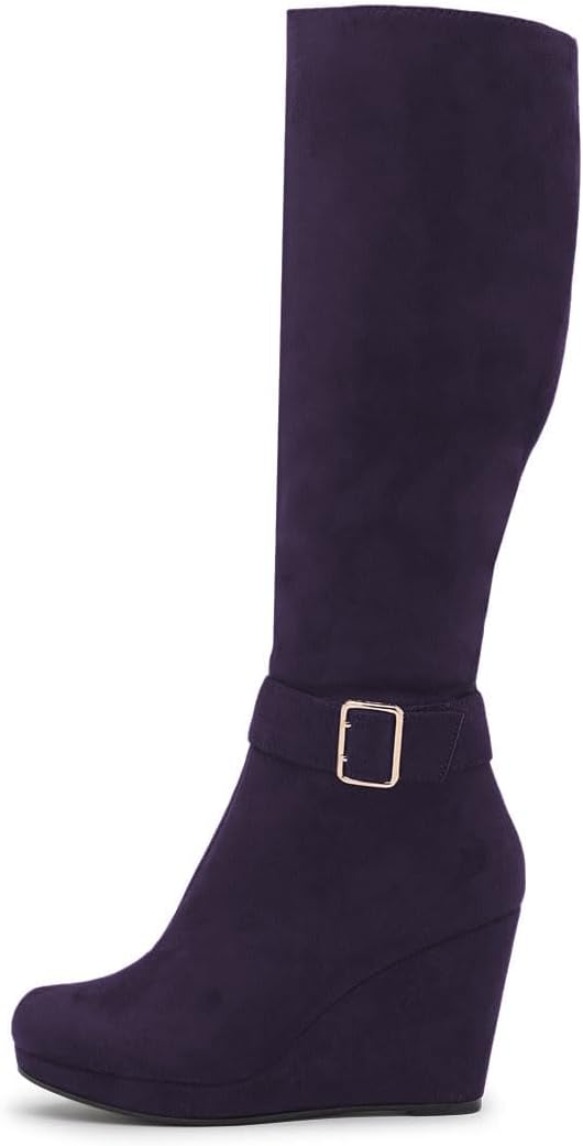 Zszszsu Women's Platform Wedge Heel Knee High Boot with Ankle Strap Classic Round Toe Wide Calf Boots Side Zipper Fall Winter Shoes Size 4-16 US