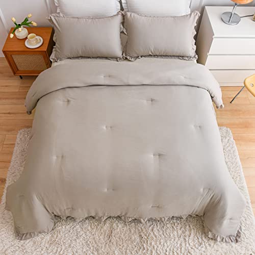 Aikasy Khaki Ruffle Comforter Queen, 3 Pieces Vintage Ruffle Fringe Comforter, Farmhouse Rustic Microfiber Down Alternative Bedding Comforter Set (1 Comforter + 2 Pillow Shams) #TOP7