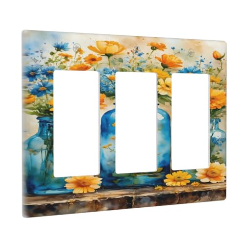 Decorative Outlet Covers Rustic Yellow Flowers Floral Blue Bottles 3 Gang Wall Plate Triple Rocker Light Switch Cover Plate Jumbo Electrical GFCI Faceplate for Country Bedroom Home Decor