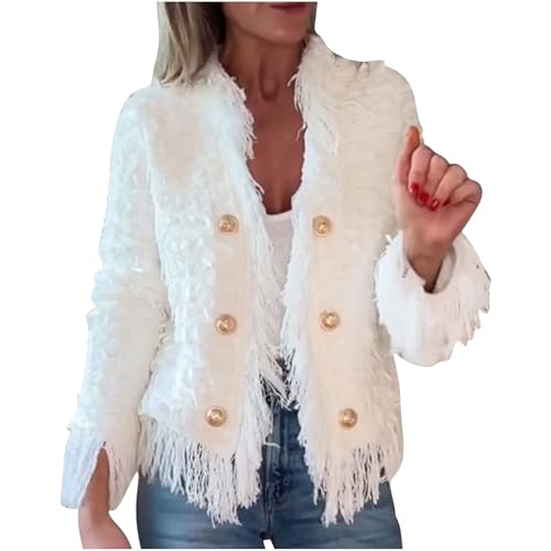 Women's Fashion Fringe Cardigan Jacket, Long Sleeve Open Front Party Tassel Coat Fall Outfits White