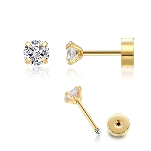 Miniatura 1 de 4mm CZ Flat Screw Back Stud Earrings,14K Gold Small Cubic Zirconia Earrings for Helix Cartilage Tragus Earlobe Piercing Jewelry Gift for Women(4mm