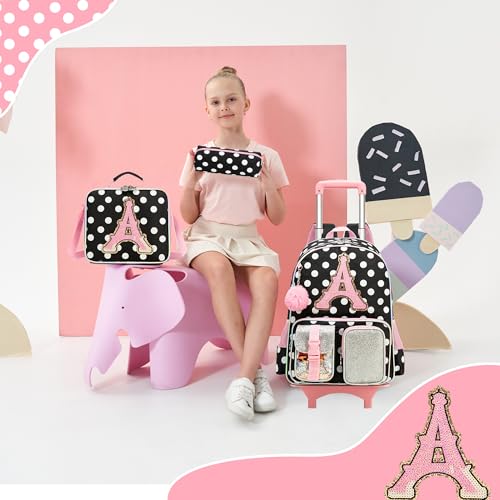 Image of Meetbelify 3 in 1 Backpack with Wheels for Girls Rolling Letter Backpack Cute Carry on Backpacks Kids Luggage with Lunch Box Pencil Case for Elementary Student