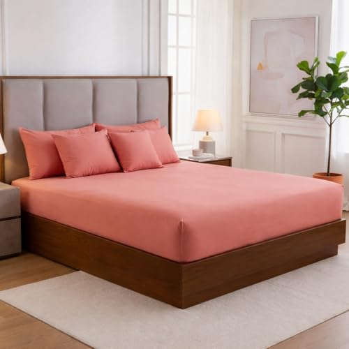 Image of 400TC Cotton Feel Glace Cotton Double Bed Elastic Fitted Bedsheet King Size Set || Includes 1 Solid Plain Fitted Bedsheet King Size with 2 Pillow Covers (78 x 72 Inches, Mist Red)