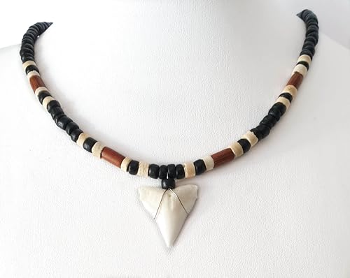Generic Genuine Mako Shark Tooth Beads Surfer Necklace for Men Women a Handmade Boho Bohemian Jewelry GA390-N, Black & White4