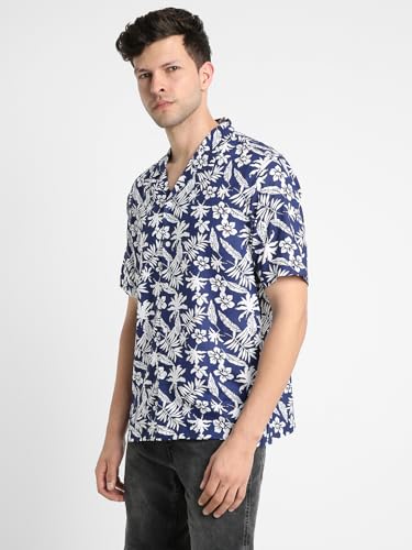 Image of Dennis Lingo Men's Rayon Blue Printed Relaxed Fit Cuban Collar Half Sleeve Casual Shirt
