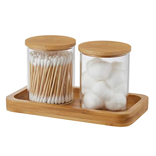 YININE Glass Qtip Holder Bathroom Jars with Vanity Tray, Apothecary Jars Bathroom Canisters Containers Q Tip Jars for Cotton Ball Pad Round, Cotton Swabs, Hair Ties, Floss, Perfume and Small Things