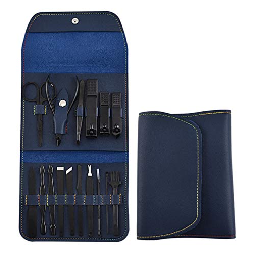 HSOYGE Juego de manicura y pedicura, cortaúñas y Kit de Acero Inoxidable, Kit de Herramientas de Viaje portátil para manicura y pedicura con Estuche de Cuero para Hombres y Mujeres (Azul)