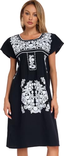 Image of YZXDORWJ Women Mexican Embroidered Long Dress Ruffle Collar Maxi Boho Floral Summer Short Sleeve