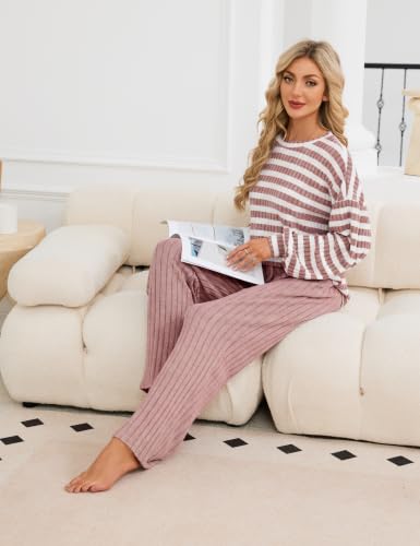 Image of Blooming Jelly Women Ribbed Long Sleeve Pajama Sets Fall Loungewear Pockets