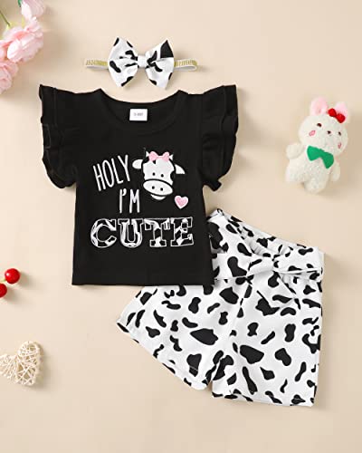 Xuanhao 12 Month 18 Months Girl Clothes Baby Outfits Summer Girl Clothing Short Sets Short Sleeve Ruffle Cow Letter Print Tops Cow Belt Pants Shorts Girls 12-18 Months #TOP1