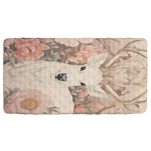 Portable Toddler Bed Sheet for Kids White Deer in Pink Flowers Travel Bed Fitted Sheet