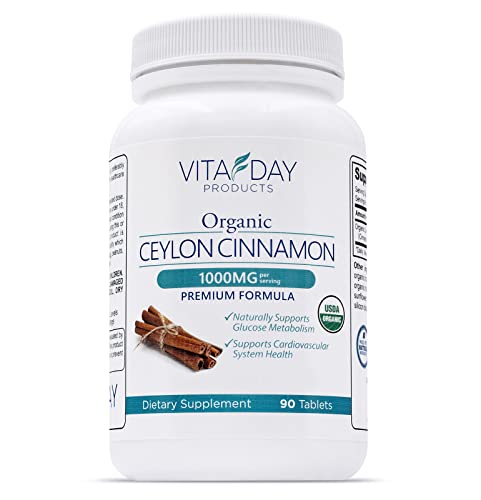 Vita Day Products Ceylon Cinnamon Supplement - Certified Organic 1000mg - 90 Vegan Pills - Easy to Swallow Cinnamon Tablets