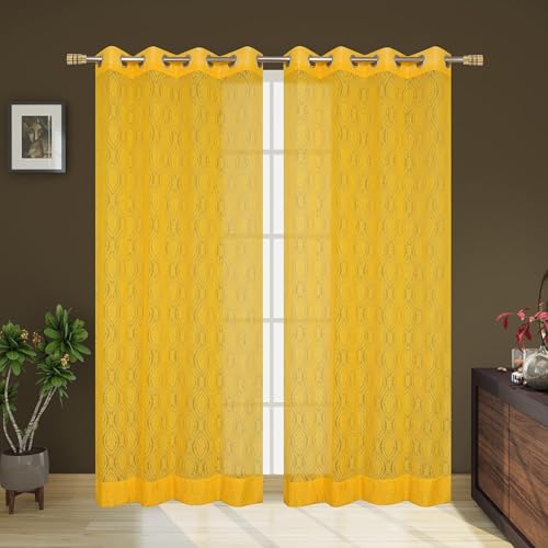 Image of Fabrilia Polyester Sheer Net Damask Design Semi Transparent Eyelet Window Curtains 5 feet Long Set of 2- Yellow