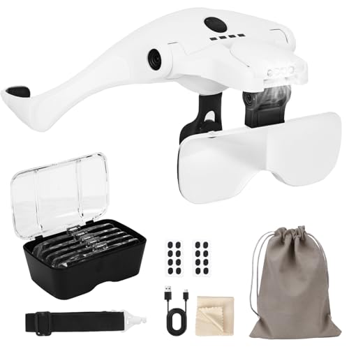 TAVADA Lunette Loupe USB Rechargeable avec 5 Lentilles Détachables(1.0X–3.5X)Loupe Frontale,Lampe Réglable 4 LED,Convient pour la bijouterie,la couture,le...