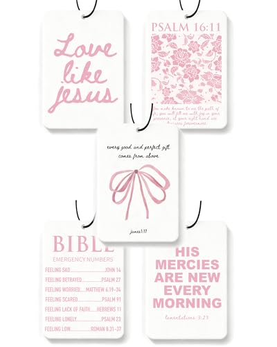 Image of Christian Car Air Freshener Pink Cute Girly Inspirational Coquette 5Pcs Jesus Bible Verses Bow Accessories Car Interior Hanging Scents Mirror Decor Gifts for Women Girls