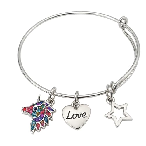 Image of Infinity Collection Unicorn Charm Bracelet with Love Heart and Star Charms Colorful Unicorn Jewelry Adjustable Stainless Steel Bangle Inspirational Gift