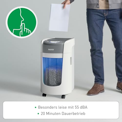 Leitz IQ Optimax Home Office 225 P5 Aktenvernichter, Mikroschnitt, Bis 6 Blatt 80 g/m², 45 Prozent mehr Volumen, 15 L Behälter für 225 x A4, Leiser Betrieb, 20 Min Laufzeit, Weiß, 83580000