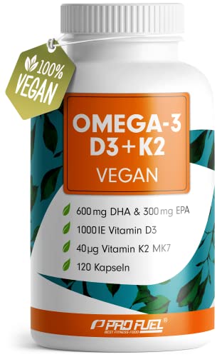 Omega-3 vegan + D3 & K2 (120x), 1100mg Algenöl mit 600mg DHA & 300mg EPA + 1000 IE Vitamin D3 + 40 µg Vitamin K2 - O3 D3 K2 vegan Essentials - Omega-3 Kapseln hochdosiert, bioverfügbar & laborgeprüft