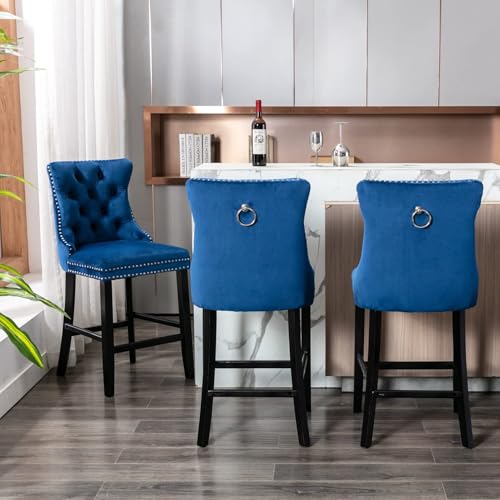 Image of Virabit Counter Height Bar Stools Set of 4, 27 inch Farmhouse Barstools with Button Back and Nailhead Trim, Velvet Bar Stools with Kitchen Island, Pub (Blue)