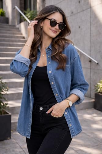 Image of FUNDAY FASHION Women Oversized Fit Solid Casual Denim Shirt