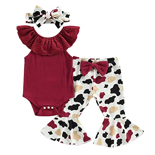 Image of Engofs Western Baby Girl Clothes Newborn Infant Sleeveles Lace Trim Romper Cow Head Print Bell Bottoms Headband 3Pcs Boho Summer Outfits Wine Red 6-12 Months
