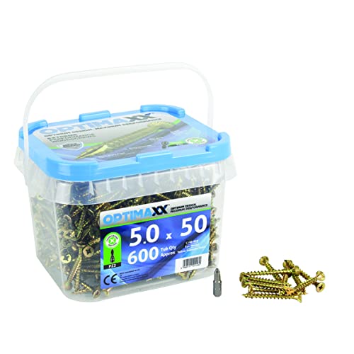 5.0 Optimaxx Extreme Performance Wood Screws 600PC Maxxtub (5.0x50mm, Zinc Plate & Yellow Passivated, Pozi Wood Screws)