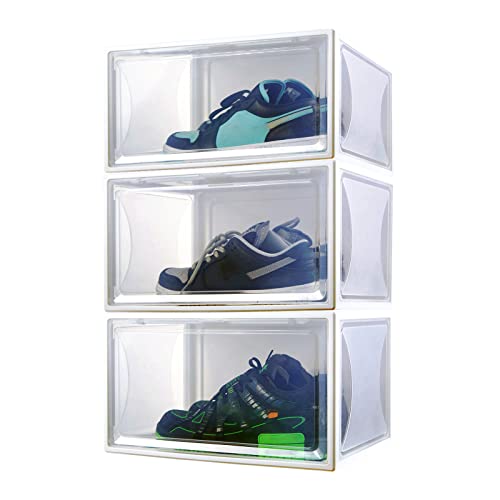 3 Packs Clear Shoe Boxes,Plastic Foldable Thicken Transparent Cover Storage Box with Lids Sneaker Box Magnetic Side Open Display and Store for Shoes, High Heels, etc. (WHITE)