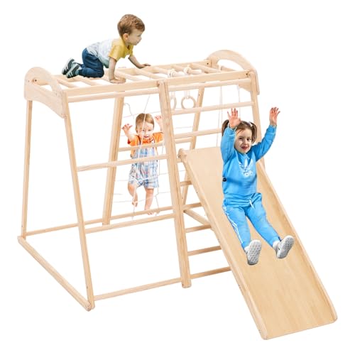 Siairo 8 en 1 Aire de Jeux Intérieure en Bois Enfant, Aire de Jeux intérieure Jeu d'escalade en Bois avec Toboggan, Mur d'escalade, Filet à Grimper, Balançoire, Coloris Naturel