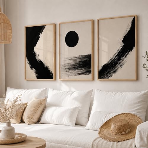 Image of TheMakerly Set of 3 Abstract Black White Wall Art Paintings for Living Room | Modern Minimalist Wall Decor | Neutral Contemporary Wall Paintings for Bedroom, Office, Hall & Home Decoration (13x19 Inches)