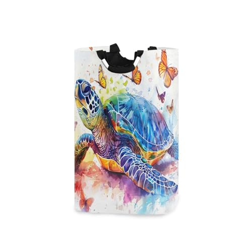 Jihqo Laundry Hamper Basket Watercolor Turtle Butterfly Collapsible Nursery Storage Bin Waterproof Clothing Baskets for Home Bedroom Bathroom Washing Room