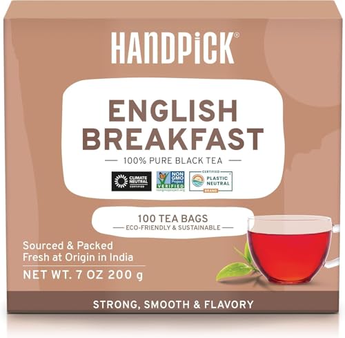 HANDPICK, Té Negro English Breakfast (Té Negro Bolsitas, 100 Unidades) Sin OMG | Té Negro Fuerte, Robusto, Alto en Cafeína | Bolsitas de Té Eco-Friendly, Preparar Caliente, Frío o Kombucha