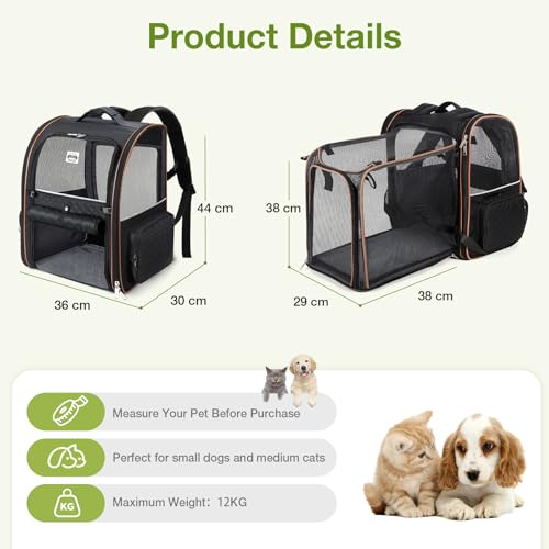 Lekespring Erweiterbar Katzenrucksack Hunderucksack für Katzen Hunde bis 10kg, Groß Katzen Rucksack Faltbare Haustier Rucksack, Schwarz