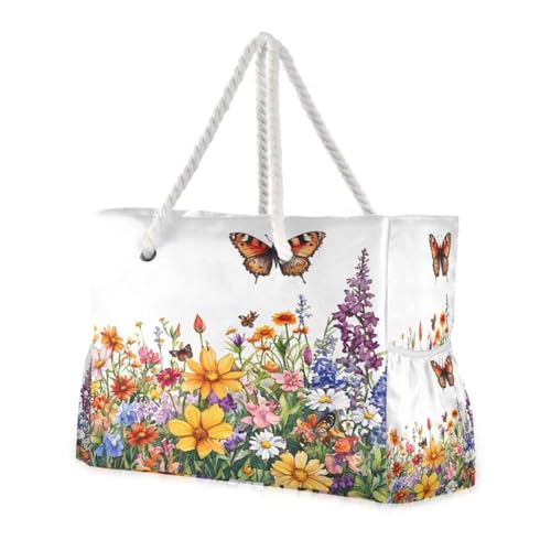 Spring Wildflowers and Butterflies Beach Bag with Top Zipper Closure, Waterproof Pool Bag, Large Beach Tote for Women#800