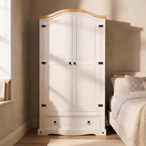 IDIMEX Armoire Campo avec portes et tiroir laqué blanc/naturel - Armoire fabriquée en pin massif avec 1 tringle à vêtements et 2 étagères.