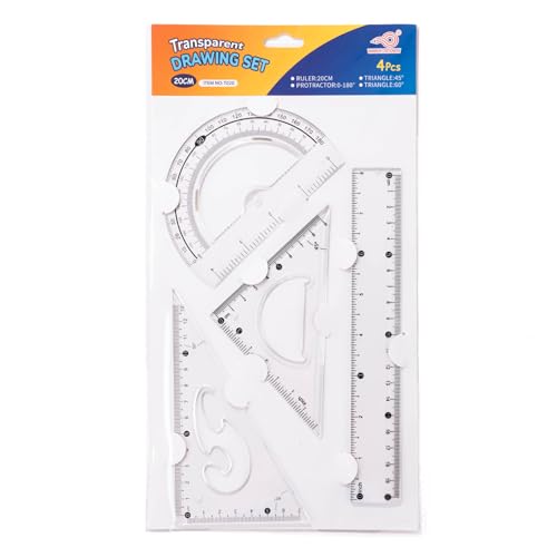 4 Pcs Geometry Rulers Set, Translucent Plastic Triangle Protractor Rulers, Clear Scale Drafting Measuring Tool for Home School Use (Transparent)