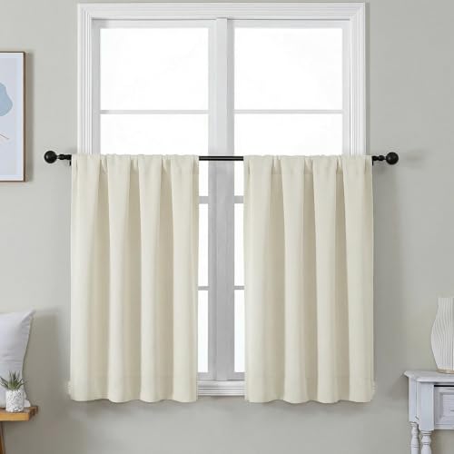 Image of Simplebrand Ava Light Beige Short 36 Inches Light Filtering Curtain 2 Panels Set, Half Window Rod Pocket Privacy Curtain Tiers for Kitchen, Curtains for Bathroom Shades, W40 x L36 Inch, Light Beige