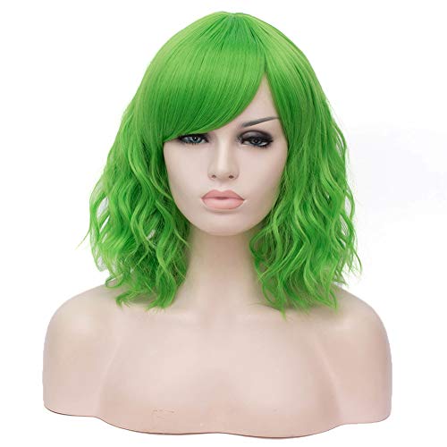 BERON Short Curly Green Wig with Bangs for Women Halloween Cosplay Party Costume Wig for Daily Use Synthetic Wig (Light Green)