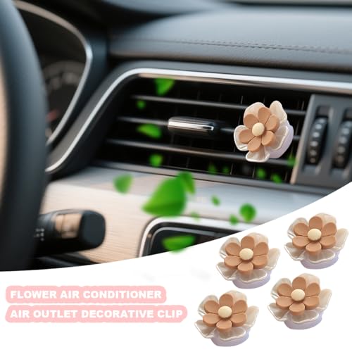 Image of Flower Car Air Vent Clips, 4 PCS Cute Vehicle Air Conditioning Outlet Clamps, Automotive Interior Dashboard Charm Decoration Accessories, Universal for Sedan, SUV, Truck (Coffee)