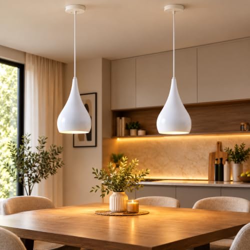 Image of 2 Pack White Teardrop Metal Lampshade Ceiling Pendant Light E27 Fitting