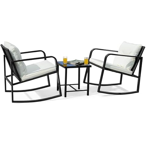 Flamaker Patio Chairs 3 Piece Wicker Rocking Chair Outdoor Bistro Sets with Coffee Table and Cushions Metal Frame Patio Furniture for Porch, Balcony, Lawn (White) Cover