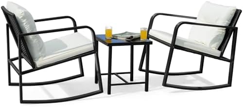 Flamaker Patio Chairs 3 Piece Wicker Rocking Chair Outdoor Bistro Sets with Coffee Table and Cushions Metal Frame Patio Furniture for Porch, Balcony, Lawn (White)