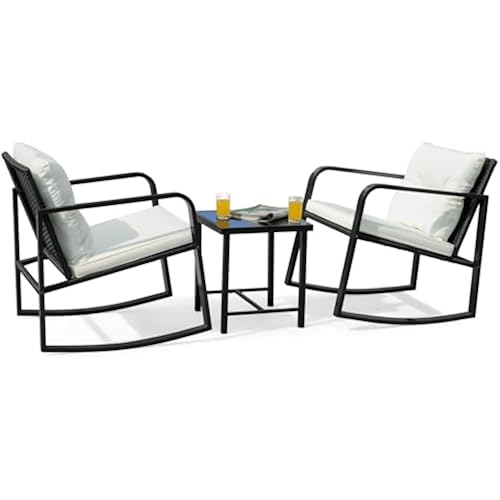 Flamaker Patio Chairs 3 Piece Wicker Rocking Chair Bistro Sets, White