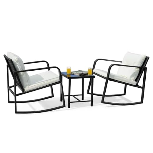 Flamaker Patio Chairs 3 Piece Wicker Rocking Chair Outdoor Bistro Sets with Coffee Table and Cushions Metal Frame Patio Furniture for Porch, Balcony, Lawn (White)