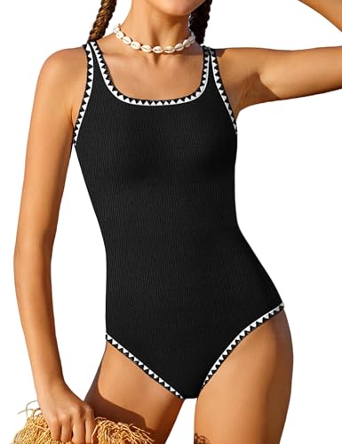 Image of Qaoerde Girls Swimsuit One Piece Swimsuits Solid Color Bathing Suit Colorful Contrast Trim Adjustable Straps Swimwear 9-16Y