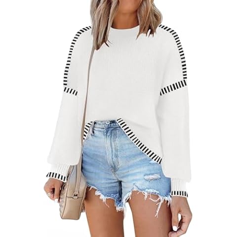 Soesdemo White Womens Sweater Oversized Crew Neck Long Sleeve Ribbed Side Slit Loose Fit Casual Pullover 2024 Fall Winter Fashion Contrast Cable Knit Jumper Tops Cover