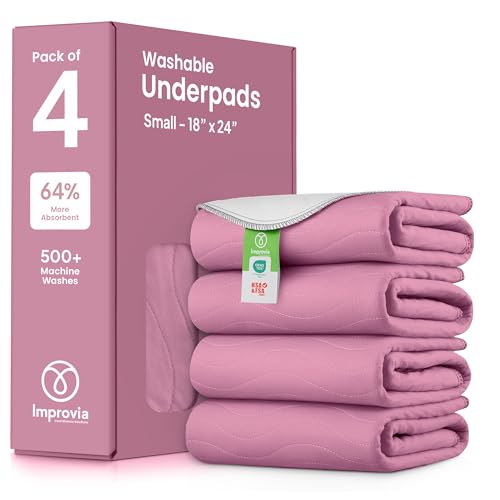 Image of IMPROVIA Washable Underpads, Heavy Absorbency Reusable Incontinence Pads for Kids, Adults, Elderly, and Pets, Waterproof Protection Floor (Pink and White, 18 inch x 24 inch - Pack of 4)