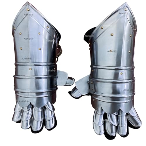 Image of AnNafi Armor Gauntlets Steel Gloves w Brass Accents Armor Pair, Medieval Knight Costume, Warrior Metal Gauntlet (STYLE 3)